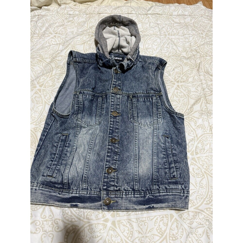 Carbon Men’s Denim Hooded Vest Size L Blue Distressed Jean Jacket Sleeveless